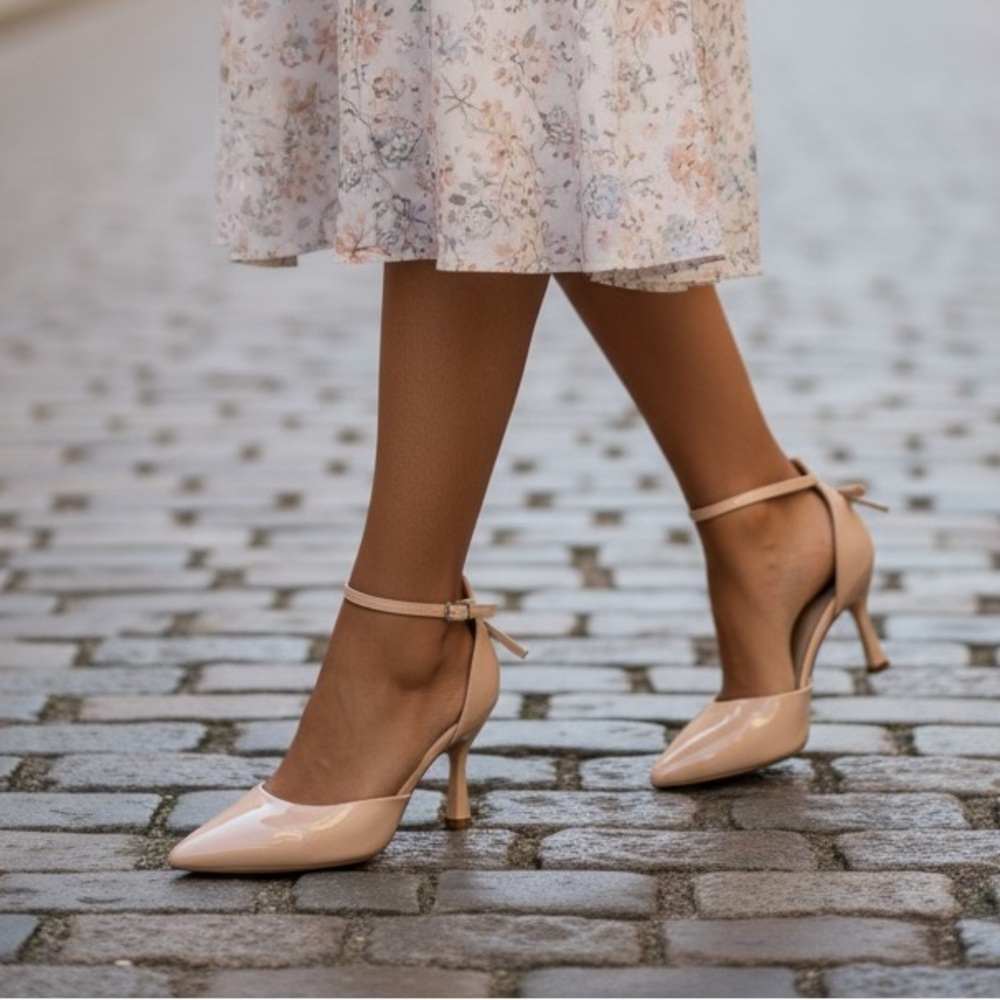Chic Nude Ankle Strap Heels With Bow